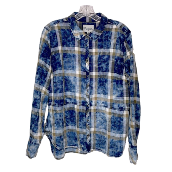 Wrangler Tops - Wrangler Bleach Tie Dye Distressed Plaid Snap Front Western Shirt Blue Green XL